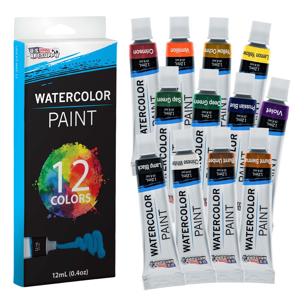 U.S. Art Supply 12-Color Water Colors Paint Set, 12ml Professional Watercolor Tubes, Vibrant Pigments - Water Colors Paint Adult Set for Artists